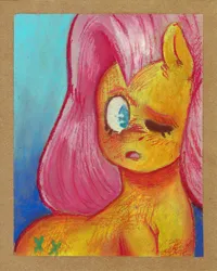 Size: 1987x2483 | Tagged: safe, artist:raph13th, derpibooru import, fluttershy, pegasus, pony, image, oil pastels, one eye closed, png, solo, traditional art, wingless