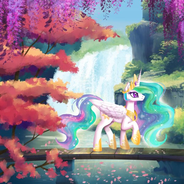 Size: 1800x1800 | Tagged: safe, artist:allegrenix, derpibooru import, princess celestia, alicorn, pony, bridge, falling leaves, female, flowing mane, flowing tail, image, jpeg, lake, leaves, mare, solo, tail, tree, water, waterfall