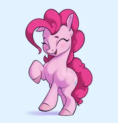 Size: 2660x2770 | Tagged: safe, artist:aquaticvibes, derpibooru import, pinkie pie, earth pony, pony, blue background, blushing, cyan background, eyes closed, female, image, mare, open mouth, open smile, png, raised hoof, simple background, smiling, solo