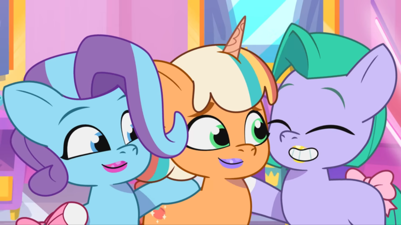 Size: 2160x1215 | Tagged: safe, derpibooru import, screencap, earth pony, pegasus, pony, unicorn, g5, my little pony: tell your tale, spoiler:g5, spoiler:my little pony: tell your tale, spoiler:tyts01e28, eyes closed, female, filly, foal, glory (g5), image, lip gloss, peach fizz, pippsqueak trio, pippsqueaks, pippsqueaks forever, png, seashell (g5), smiling, solo, trio