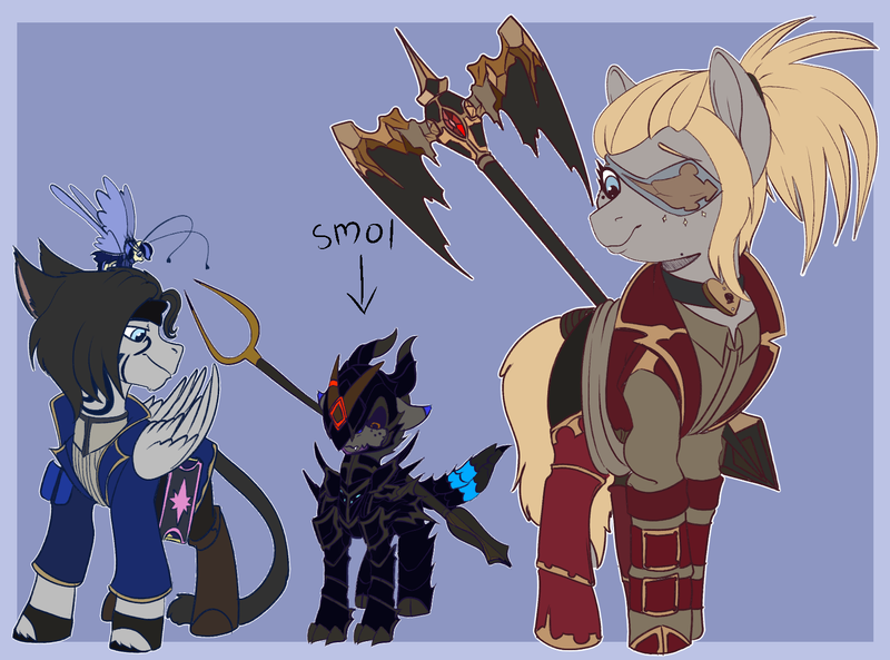 Size: 1619x1200 | Tagged: safe, artist:brainiac, derpibooru import, oc, oc:gray star, oc:heccin pepperino, oc:nightingale, oc:shotglass, breezie, earth pony, kirin, pegasus, pony, armor, clothes, dragoon, fantasy class, female, final fantasy, final fantasy xiv, image, male, mare, png, scholar, size difference, smol, stallion, text, warrior