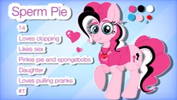Size: 1280x720 | Tagged: artist needed, suggestive, derpibooru import, oc, oc:sperm pie, pony, biography, clopper oc, female, image, mare, not pinkie pie, offspring, parent:pinkie pie, png, spongebob squarepants