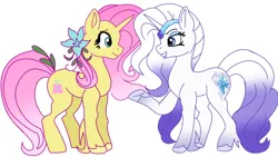 Size: 1280x720 | Tagged: artist needed, safe, derpibooru import, fluttershy, rarity, pony, unicorn, crown, duo, duo female, eye contact, eyebrows, eyeshadow, female, flower, flower in hair, g5 concept leak style, g5 concept leaks, image, jewelry, looking at each other, looking at someone, makeup, mare, open mouth, open smile, png, race swap, raised hoof, regalia, simple background, smiling, smiling at each other, unicorn fluttershy, white background