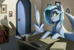 Size: 2048x1389 | Tagged: safe, artist:maxiima, derpibooru import, oc, unofficial characters only, pegasus, pony, bookshelf, image, ink, jpeg, quill, solo, wing hands, wings