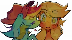 Size: 2048x1142 | Tagged: safe, artist:zira_dawn, derpibooru import, applejack, rainbow dash, earth pony, pegasus, pony, appledash, female, image, jpeg, kiss on the cheek, kissing, lesbian, shipping