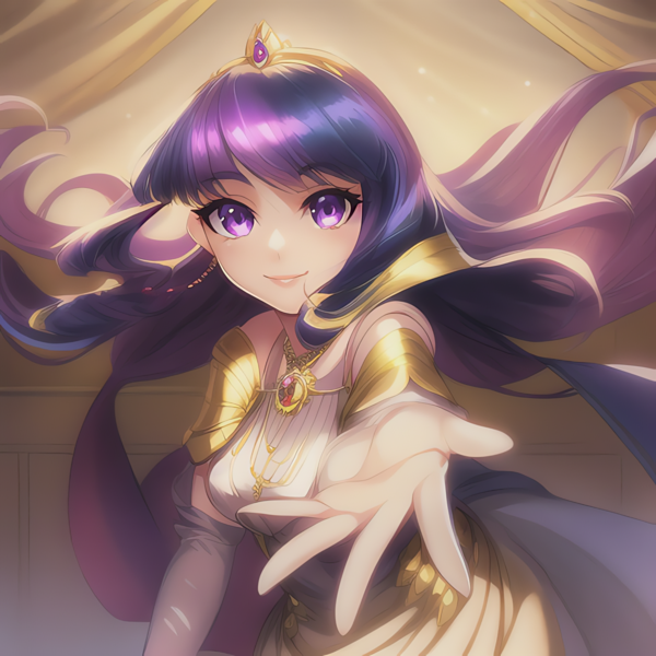 Size: 1280x1280 | Tagged: safe, derpibooru import, editor:sammykun, machine learning generated, novelai, stable diffusion, twilight sparkle, human, breasts, busty twilight sparkle, clothes, crown, dress, evening gloves, gloves, gold, hand, humanized, image, jewelry, lips, long gloves, long hair, looking at you, metal, necklace, offscreen character, png, pov, reaching, regalia, smiling, solo