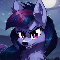Size: 1000x1000 | Tagged: safe, derpibooru import, machine learning generated, stable diffusion, twilight sparkle, wolf, fangs, image, jpeg, looking at you, moon, solo, species swap, twiwolf, wolfified