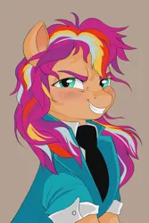 Size: 2344x3508 | Tagged: safe, artist:bearpone, derpibooru import, sunny starscout, earth pony, pony, g5, alternate hairstyle, clothes, female, grin, image, jpeg, mare, simple background, smiling, solo, suit