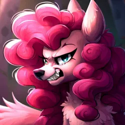 Size: 1000x1000 | Tagged: safe, derpibooru import, machine learning generated, stable diffusion, pinkie pie, wolf, angry, growling, image, jpeg, looking at you, pinkie wolf, solo, species swap, wolfified
