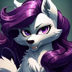 Size: 1000x1000 | Tagged: safe, derpibooru import, machine learning generated, stable diffusion, rarity, wolf, bedroom eyes, image, jpeg, looking at you, smiling, smiling at you, solo, species swap, wolfified, wolfity