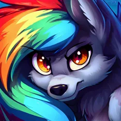 Size: 1000x1000 | Tagged: safe, derpibooru import, machine learning generated, stable diffusion, rainbow dash, wolf, image, jpeg, looking at you, solo, species swap, wolf dash, wolfified, wrong eye color