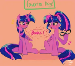 Size: 1511x1316 | Tagged: safe, artist:petaltwinkle, derpibooru import, sci-twi, twilight sparkle, twilight sparkle (alicorn), alicorn, pony, unicorn, alicornified, book, bookhorse, dialogue, duo, female, glasses off, hoof hold, image, jpeg, mare, orange background, race swap, scitwilicorn, signature, simple background, sitting, talking to viewer, that pony sure does love books, twolight