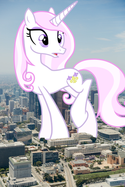 Size: 1920x2880 | Tagged: safe, artist:missgoldendragon, derpibooru import, edit, editor:jaredking779, fleur-de-lis, pony, unicorn, california, female, giant pony, giant unicorn, giantess, high res, highrise ponies, image, irl, jpeg, looking at you, los angeles, macro, mare, mega giant, open mouth, photo, ponies in real life, raised hoof, solo