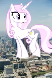 Size: 1920x2880 | Tagged: safe, artist:missgoldendragon, derpibooru import, edit, editor:jaredking779, fleur-de-lis, pony, unicorn, california, female, giant pony, giant unicorn, giantess, high res, highrise ponies, image, irl, jpeg, looking at you, los angeles, macro, mare, mega giant, open mouth, photo, ponies in real life, raised hoof, solo