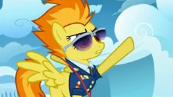 Size: 2160x1207 | Tagged: safe, derpibooru import, screencap, spitfire, pegasus, pony, wonderbolts academy, clothes, cloud, cloudsdale, drill sergeant, female, image, jpeg, mare, necktie, pointing, solo, solo female, spread wings, suit, sunglasses, uniform, whistle, whistle necklace, wings, wonderbolts dress uniform