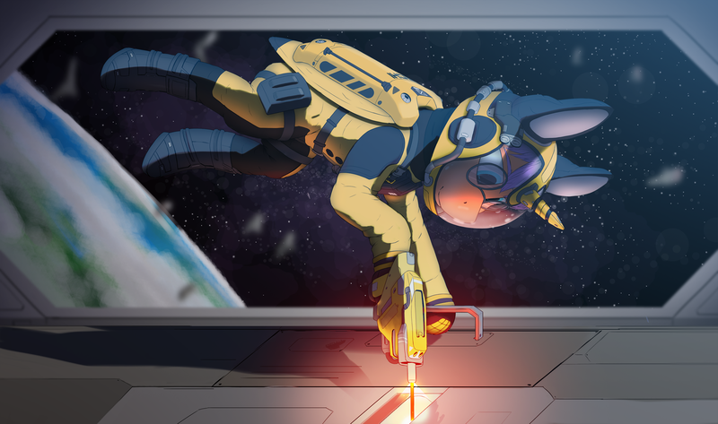 Size: 3383x2000 | Tagged: safe, artist:apuljack, derpibooru import, oc, oc:glorious morning, unofficial characters only, alicorn, pony, image, laser gun, png, salvaging, solo, space, spaceship, spacesuit