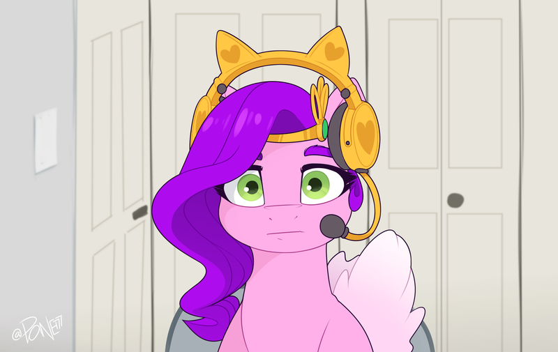 Size: 2447x1546 | Tagged: safe, artist:rivin177, derpibooru import, pipp petals, pegasus, pony, g5, bust, chair, female, front view, headphones, image, linus tech tips, looking at you, mare, meme, microphone, neutral, png, room, sitting, solo, staring at you, staring into your soul, wings