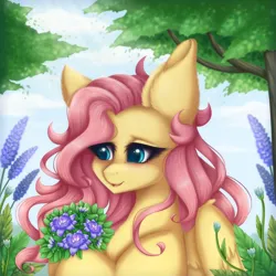 Size: 2000x2000 | Tagged: safe, artist:saltyvity, derpibooru import, fluttershy, fluffy pony, pegasus, pony, friendship is magic, big eyes, blushing, complex background, cute, ear fluff, embarrassed, flower, fluffy, forest, forest background, grass, green eyes, happy, image, leaf, pink mane, png, sky, smiley face, solo, sparkles, summer, summer sunset, sun, tree