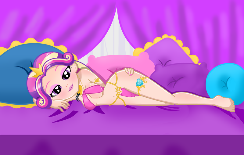 Size: 3927x2494 | Tagged: suggestive, artist:rainshadow, derpibooru import, princess cadance, human, equestria girls, armlet, belly button, belly dancer, belly dancer outfit, breasts, busty princess cadance, chains, female, harem outfit, humanized, image, jewelry, looking at you, midriff, pillow, png, sexy, slave outfit