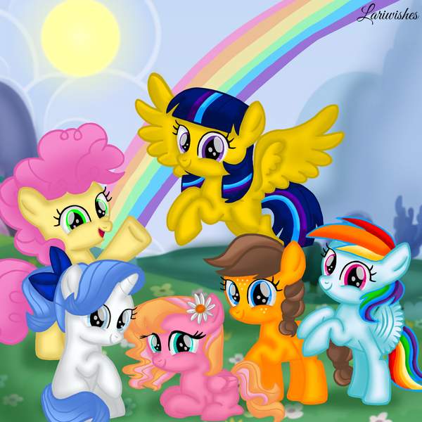 Size: 1400x1400 | Tagged: safe, artist:mlplary6, derpibooru import, li'l cheese, oc, oc:apple sweet, oc:jewel, oc:melody blossom, oc:speedy dash, oc:star sparkle, earth pony, pegasus, pony, unicorn, the last problem, alicorn wings, bow, cloud, female, filly, flower, flower in hair, flying, foal, hair bow, image, looking at you, lying down, mountain, offspring, parent:applejack, parent:big macintosh, parent:caramel, parent:fancypants, parent:flash sentry, parent:fluttershy, parent:rainbow dash, parent:rarity, parent:soarin', parent:twilight sparkle, parents:carajack, parents:flashlight, parents:fluttermac, parents:raripants, parents:soarindash, png, rainbow, sitting, sky, smiling, smiling at you, sun, wings