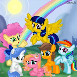 Size: 1400x1400 | Tagged: safe, artist:mlplary6, derpibooru import, li'l cheese, oc, oc:apple sweet, oc:jewel, oc:melody blossom, oc:speedy dash, oc:star sparkle, earth pony, pegasus, pony, unicorn, the last problem, alicorn wings, bow, cloud, female, filly, flower, flower in hair, flying, foal, hair bow, image, looking at you, lying down, mountain, offspring, parent:applejack, parent:big macintosh, parent:caramel, parent:fancypants, parent:flash sentry, parent:fluttershy, parent:rainbow dash, parent:rarity, parent:soarin', parent:twilight sparkle, parents:carajack, parents:flashlight, parents:fluttermac, parents:raripants, parents:soarindash, png, rainbow, sitting, sky, smiling, smiling at you, sun, wings