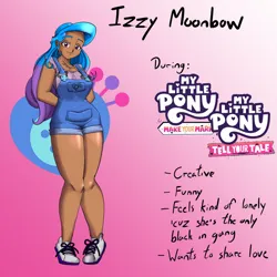 Size: 1080x1080 | Tagged: safe, alternate version, artist:jackudoggy, derpibooru import, izzy moonbow, human, g5, my little pony: make your mark, my little pony: tell your tale, breasts, busty izzy moonbow, clothes, cutie mark, dark skin, female, gradient background, headcanon, humanized, image, jpeg, overall shorts, overalls, solo, solo female, sports shoes