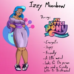 Size: 1080x1080 | Tagged: safe, alternate version, artist:jackudoggy, derpibooru import, izzy moonbow, human, g5, my little pony: a new generation, breasts, busty izzy moonbow, clothes, cutie mark, dark skin, dress, female, glasses, gradient background, headcanon, humanized, image, jpeg, solo, solo female, sports shoes