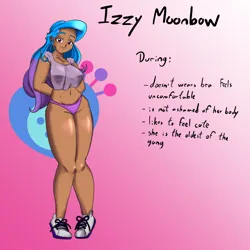 Size: 1080x1080 | Tagged: suggestive, alternate version, artist:jackudoggy, derpibooru import, izzy moonbow, human, g5, my little pony: a new generation, my little pony: make your mark, my little pony: tell your tale, breasts, busty izzy moonbow, clothes, cutie mark, dark skin, female, gradient background, headcanon, humanized, image, jpeg, overalls, panties, shirt, solo, solo female, sports shoes, underwear