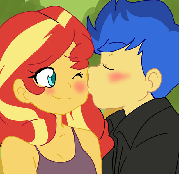 Size: 1049x1024 | Tagged: safe, artist:studiodraw, color edit, derpibooru import, edit, flash sentry, sunset shimmer, human, equestria girls, blushing, colored, eye color change, eyes closed, female, flashimmer, image, kiss on the cheek, kissing, male, one eye closed, png, shipping, smiling, straight