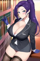 Size: 480x726 | Tagged: suggestive, derpibooru import, machine learning generated, novelai, stable diffusion, rarity, absolute cleavage, big breasts, breasts, business suit, busty rarity, cleavage, clothes, female, gloves, huge breasts, image, large butt, leggings, library, looking at you, miniskirt, pantyhose, png, ponytail, skirt, solo, solo female, tight fit