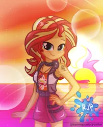 Size: 2015x2490 | Tagged: safe, alternate version, artist:rjp.rammy, derpibooru import, sunset shimmer, human, equestria girls, equestria girls series, bare shoulders, blushing, breasts, busty sunset shimmer, cleavage, clothes, cutie mark, cutie mark on clothes, female, geode of empathy, hand on hip, image, jewelry, looking at you, magical geodes, necklace, png, signature, sleeveless, smiling, smiling at you, solo, sunset, tattoo, vest