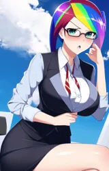 Size: 444x694 | Tagged: safe, derpibooru import, machine learning generated, novelai, stable diffusion, rainbow dash, annoyed, big breasts, blushing, breasts, business suit, busty rainbow dash, cleavage, clothes, female, glasses, huge breasts, image, looking at you, miniskirt, png, skirt, solo, solo female, suit