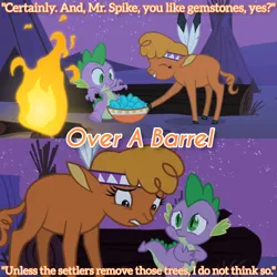 Size: 3072x3072 | Tagged: safe, derpibooru import, edit, edited screencap, editor:itsmgh1203, screencap, little strongheart, spike, buffalo, dragon, over a barrel, season 1, bowl, crystal, duo, duo male and female, eyes closed, female, fireplace, frown, grin, image, jpeg, male, night, smiling, text