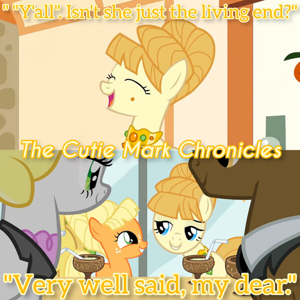 Size: 3072x3072 | Tagged: safe, derpibooru import, edit, edited screencap, editor:itsmgh1203, screencap, applejack, aunt orange, earth pony, pony, season 1, the cutie mark chronicles, eyes closed, female, filly, filly applejack, grin, image, jpeg, male, mare, open mouth, open smile, smiling, stallion, text, younger