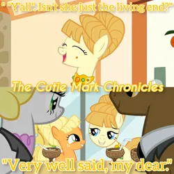 Size: 3072x3072 | Tagged: safe, derpibooru import, edit, edited screencap, editor:itsmgh1203, screencap, applejack, aunt orange, earth pony, pony, season 1, the cutie mark chronicles, eyes closed, female, filly, filly applejack, grin, image, jpeg, male, mare, open mouth, open smile, smiling, stallion, text, younger