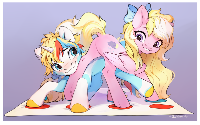 Size: 3144x1967 | Tagged: safe, artist:sofiko-ko, derpibooru import, oc, oc:bay breeze, oc:maui, unofficial characters only, pegasus, pony, unicorn, blushing, bow, dock, duo, duo male and female, featureless crotch, female, hair bow, heart, heart eyes, horn, image, looking at each other, looking at someone, male, mare, pegasus oc, png, smiling, smiling at each other, stallion, tail, twister, unicorn oc, wingding eyes, wings