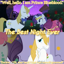 Size: 3072x3072 | Tagged: safe, derpibooru import, edit, edited screencap, editor:itsmgh1203, screencap, prince blueblood, rarity, earth pony, pony, unicorn, season 1, the best night ever, clothes, dress, duo, duo male and female, eyes closed, female, gala dress, image, jpeg, male, mare, night, open mouth, open smile, smiling, stallion, text