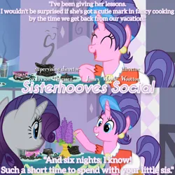 Size: 3072x3072 | Tagged: safe, derpibooru import, edit, edited screencap, editor:itsmgh1203, screencap, cookie crumbles, rarity, pony, unicorn, season 2, sisterhooves social, ^^, burnt, carousel boutique, duo, duo female, eyes closed, female, image, jpeg, mare, open mouth, open smile, smiling, text