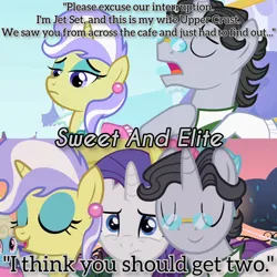 Size: 3072x3072 | Tagged: safe, derpibooru import, edit, edited screencap, editor:itsmgh1203, screencap, jet set, rarity, upper crust, pony, unicorn, season 2, sweet and elite, eyes closed, female, frown, image, jpeg, male, mare, open mouth, open smile, smiling, stallion, text, trio