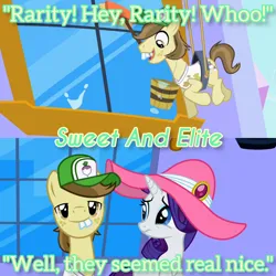 Size: 3072x3072 | Tagged: safe, derpibooru import, edit, edited screencap, editor:itsmgh1203, screencap, hayseed turnip truck, rarity, earth pony, pony, unicorn, season 2, sweet and elite, crying, duo, duo male and female, female, frown, image, jpeg, male, mare, open mouth, open smile, smiling, stallion, text