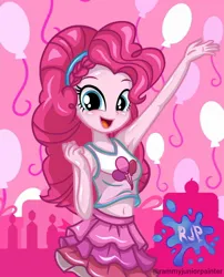 Size: 1080x1335 | Tagged: safe, alternate version, artist:rjp.rammy, derpibooru import, pinkie pie, human, equestria girls, equestria girls series, armpits, bare shoulders, belly button, blushing, breasts, busty pinkie pie, clothes, cute, cutie mark, cutie mark on clothes, diapinkes, female, image, jpeg, looking at you, open mouth, open smile, reasonably sized breasts, signature, sleeveless, smiling, smiling at you, solo, tanktop