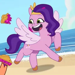 Size: 1008x1008 | Tagged: safe, derpibooru import, screencap, pipp petals, sunny starscout, earth pony, pegasus, pony, g5, my little pony: tell your tale, spoiler:g5, beach, female, food, image, jpeg, mare, offscreen character, opaline alone, open mouth, pie, smiling, solo, spread wings, wings
