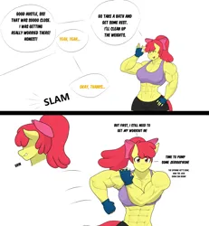 Size: 3777x4096 | Tagged: safe, artist:matchstickman, derpibooru import, apple bloom, anthro, earth pony, pony, abs, apple bloom's bow, apple brawn, armpits, biceps, bow, breasts, busty apple bloom, clothes, deltoids, dialogue, female, fingerless gloves, gloves, grin, hair bow, image, implied applejack, jpeg, looking at you, mare, matchstickman's apple brawn series, muscles, muscular female, offscreen character, older, older apple bloom, pecs, smiling, solo, speech bubble