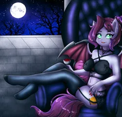 Size: 912x876 | Tagged: suggestive, artist:wild-fluff, derpibooru import, oc, oc:jade jump, unofficial characters only, bat pony, bat pony oc, bat wings, blade, chair, clothes, commission, drink, image, jpeg, lingerie, moon, sitting, weapon, wingblade, wings, ych result
