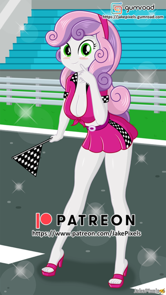 Size: 546x970 | Tagged: suggestive, artist:jakepixels, derpibooru import, sweetie belle, human, equestria girls, blushing, breasts, busty sweetie belle, cleavage, female, flag, grid girl, gumroad, gumroad logo, image, legs, looking at you, older, older sweetie belle, patreon, patreon logo, png, race, racer, smiling, smiling at you, solo, solo female