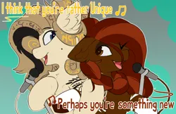 Size: 2148x1395 | Tagged: safe, artist:beardie, derpibooru import, oc, oc:hyra glyph, oc:teuila, unofficial characters only, pony, cute, duo, duo female, female, image, looking at each other, looking at someone, mare, microphone, open mouth, open smile, png, singing, smiling