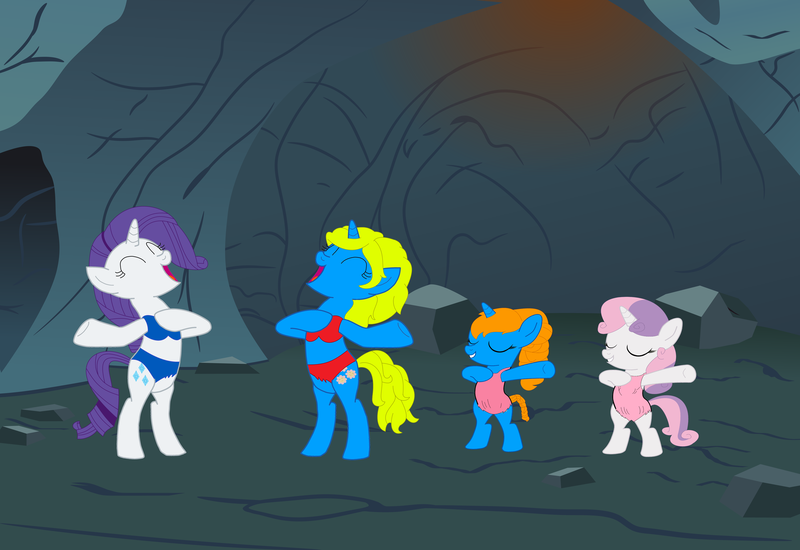 Size: 14554x10000 | Tagged: safe, artist:brightstar40k, artist:optimusv42, derpibooru import, rarity, sweetie belle, pony, unicorn, cave pony, cavegirl, caveman, cavemare, cavewoman, chest beating, chest pounding, crossover, eyes closed, female, filly, foal, image, jungle girl, mare, png, sassette, smurfette, smurfs, tarzan, the smurfs