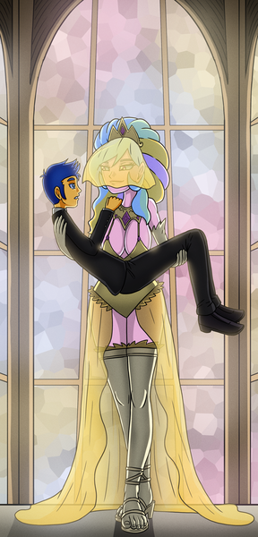 Size: 2094x4364 | Tagged: suggestive, artist:artemis-polara, derpibooru import, flash sentry, princess celestia, equestria girls, big breasts, breasts, busty princess celestia, carrying, cleavage, clothes, commission, crown, dress, gloves, high heels, image, jewelry, marriage, png, principal celestia, regalia, shoes, socks, stockings, suit, thigh highs, veil, wedding, wedding dress, wedding veil