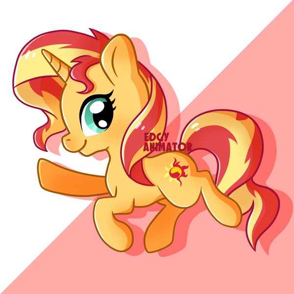 Size: 2700x2700 | Tagged: safe, artist:edgyanimator, derpibooru import, sunset shimmer, pony, unicorn, beautiful, big eyes, big hair, cel shading, chibi, colored, colored lineart, cute, cute pony, cyan eyes, derpibooru exclusive, digital art, drop shadow, eyelashes, female, firealpaca, full body, horn, image, jpeg, lineart, looking sideways, looking to the right, mare, multicolored hair, multicolored mane, multicolored tail, orange coat, orange fur, quadrupedal, raised hoof, raised hooves, red background, red hair, red mane, red tail, shading, shimmerbetes, sideways glance, signature, simple background, simple shading, smiling, solo, tail, yellow hair, yellow mane, yellow tail