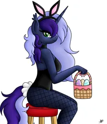 Size: 3000x3492 | Tagged: safe, artist:princessmoonsilver, derpibooru import, oc, oc:krystel, anthro, unicorn, basket, bunny ears, bunny suit, clothes, commission, costume, easter basket, easter egg, female, image, jpeg, panties, sexy, solo, underwear, ych result